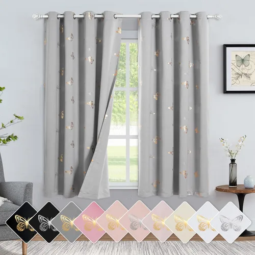 Vista 21 de Jubilantex - Cortinas opacas con diseño de mariposa dorada, 80 % rosa bebé Cortinas opacas 80% rosa lavanda/rosa bebé, estampado de mariposa
