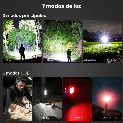 Vista 5 de MILAOSHU Linternas Recargables de 90000 Altos Lúmenes, Batería de 10000 ɱAh, Linterna LED con Luz Cob para el Hogar, Súper Brillante, 7 Modos