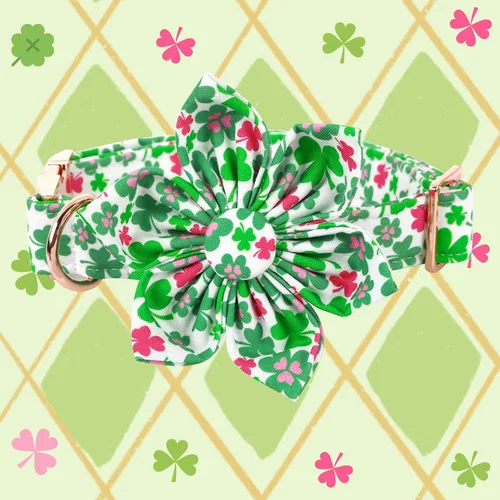 Vista 2 de Elegant little tail Collar de perro de San Patricio con flor, collares de perro con flores, trébol verde, regalo para mascotas, collares ajustables