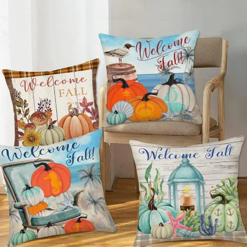 Vista 2 de 4 fundas de almohada de otoño de bienvenida, decoración de otoño, decoración costera de playa, estrella de mar, calabaza, granja, decoración