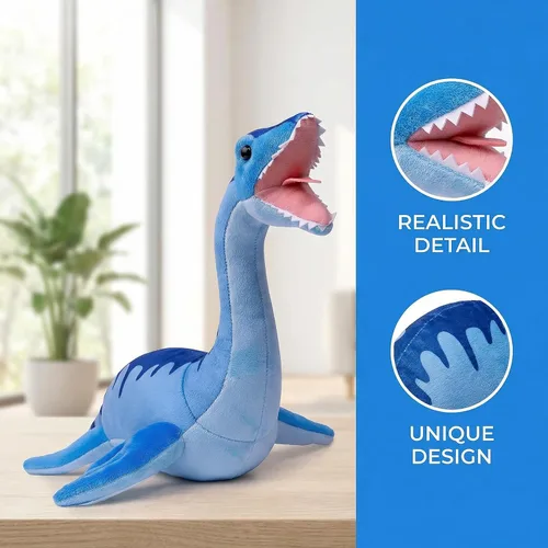 Vista 3 de Juguete de peluche de dinosaurio de Plesiosaurio de simulación, juguete de peluche de dinosaurio azul de 16 pulgadas, figuras de peluche suaves