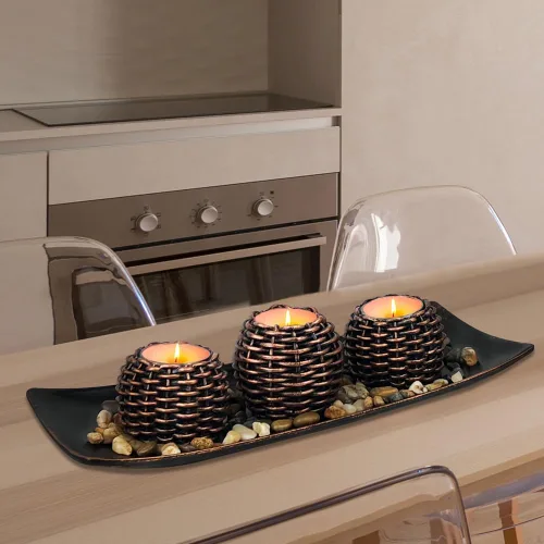 Vista 2 de Decoración de mesa auxiliar, 3 portavelas con bandeja y rocas, decoración de mesa de centro de mesa para sala de estar, comedor, dormitorio