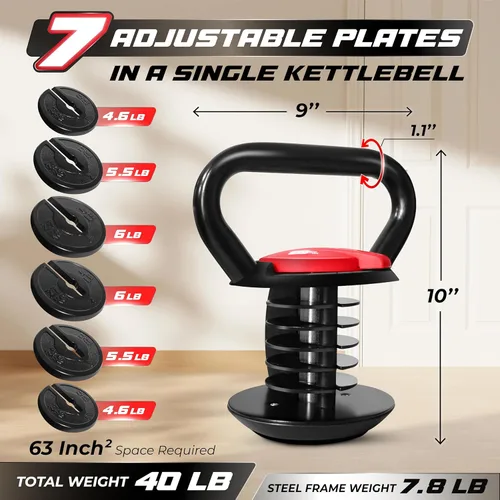 Vista 2 de Yes4All Adjustable Kettlebell Set, 20–40 LB Weight Set, Solid Cast Iron Handle with Spacer Disks & Secure Lock, Space-Saving Kettlebell for Home Gym