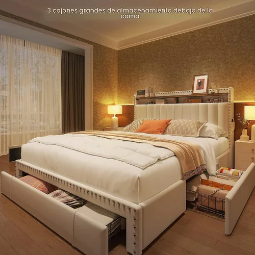 Vista 9 de EnHomee Marco de cama Full tapizada con 3 cajones de almacenamiento, cabecera de almacenamiento de 2 niveles, marco de cama de plataforma con Beige
