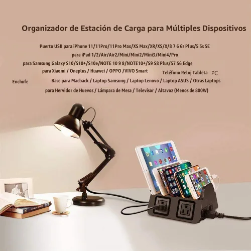 Vista 5 de Estación de carga con 5 puertos USB, organizador para múltiples dispositivos, soporte de escritorio de carga rápida para teléfono Apple Android