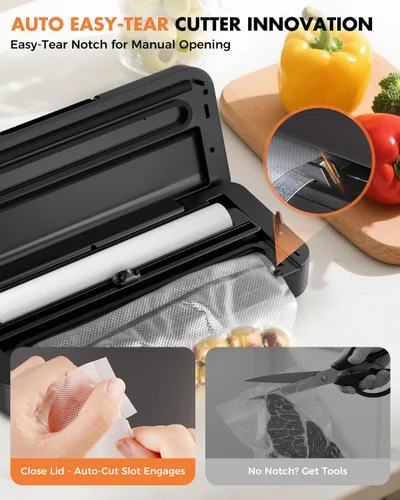Vista 5 de Sellador al vacío para alimentos, máquina selladora al vacío de ahorro de alimentos de 95 kPa, sellado rápido de 135 W con cortador de desgarro