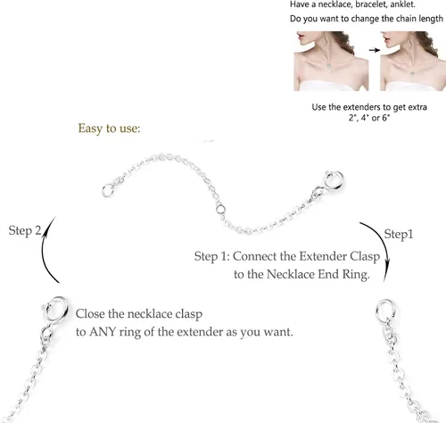 Vista 3 de Paquete de 2 extensores de collar de plata de ley, extensores de pulsera, cadena de longitud ajustable de 2 pulgadas y 4 pulgadas, Metal