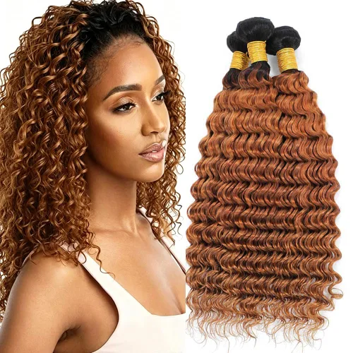Vista 97 de P4613 Cabello humano rizado onda profunda marrón y paquetes mixtos 8 10 12 P4613 Ombre Marrón-Rubio-DP