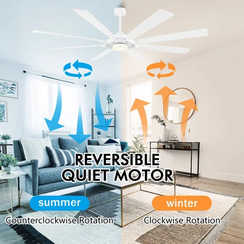 Vista 3 de ELEHINSER Ventilador de techo de 80 pulgadas con luces y 3 varillas, 8 aspas de madera contrachapada, motor de CC reversible silencioso de 6 Blanco