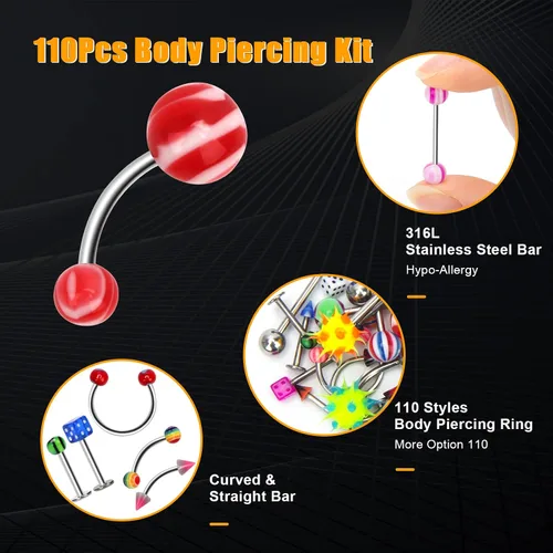 Vista 3 de CrazyPiercing Lote de 110 piercings de joyería para el cuerpo cejas ombligo lengua labio anillo Acero inoxidable
