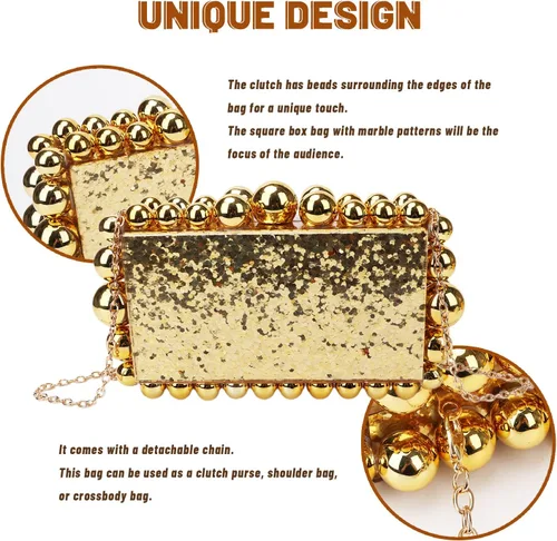 Vista 5 de Fecialy Acrylic Clutch Purse for Women Marble Handbags Pearl Evening Clutch Bag Beads Square Cross Body Bag for Wedding Party
