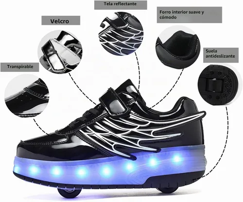 Vista 4 de Zapatos de patinaje LED para niños y niñas, tenis con ruedas desmontables y recargables intermitentes Negro