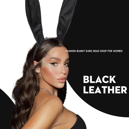 Vista 4 de Diadema de cuero negro con orejas de conejo, diademas largas con orejas de conejo, accesorios para el cabello para bailes de máscaras, discotecas