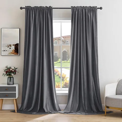 Vista 24 de MIULEE - Juego de 2 paneles de cortinas negro opacas y térmicas de terciopelo para la sala de estar y dormitorio, con bolsillo para cortinero, de 63