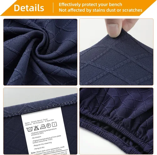 Vista 4 de YISUN Fundas de banco para comedor de Jacquard, funda elástica lavable y extraíble para banco, protector de asiento rectangular para bancos de Azul