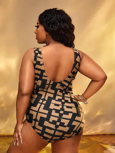 Vista 2 de WDIRARA Traje de baño de una pieza para mujer, talla grande, estampado geográfico, cuello redondo, sin mangas, de una pieza