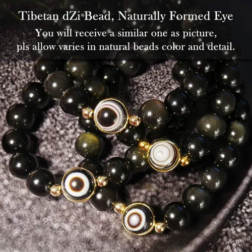 Vista 4 de L&C Feng Shui - Pulsera de riqueza de obsidiana negra 0.315in 0.394in para mujeres y hombres, pulsera de cuentas elástica de cristal de obsidiana