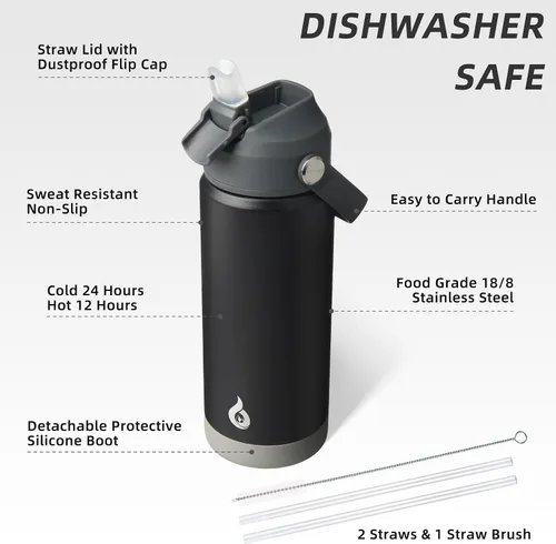 Vista 3 de BJPKPK - Botella de agua aislada con tapa de popote, 532 ml Botellas termo con boquilla suave, asa flexible y base antideslizante, libre de BPA, a