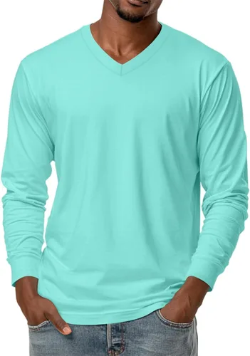 Vista 21 de Camiseta para hombre, manga larga, cuello en V, color liso, informal, básica, suave, elástica, M-3XL