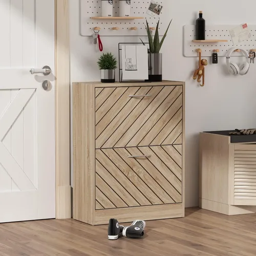 Vista 3 de Homsee Moderno armario de almacenamiento de zapatos con 2 cajones abatibles y puertas de rejilla de sarga, organizador de almacenamiento de madera