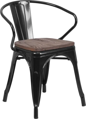 Vista 3 de EMMA + OLIVER Silla de metal negro con asiento y brazos de madera