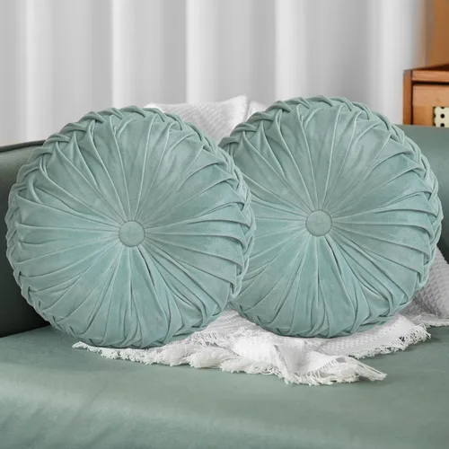 Vista 28 de HIG - Juego de 2 almohadas decorativas plisadas redondas de terciopelo verde manzana