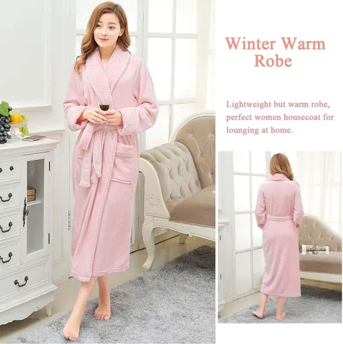 Vista 4 de Hellomamma Bata de baño larga para mujer, de felpa suave, de forro polar, camisón para mujer, pijama, ropa de dormir