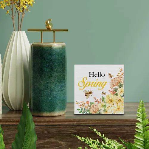 Vista 3 de Letrero de madera con diseño de flores de primavera de campo, decoración de escritorio, tulipanes florales, con cita de Hello Spring, caja