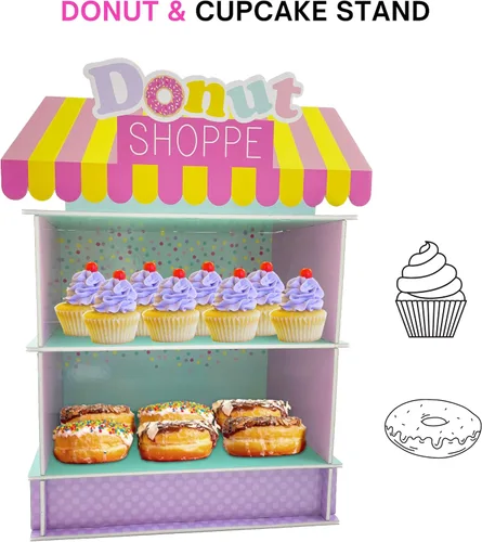 Vista 7 de Soporte de dona de 2 niveles para suministros y decoraciones de fiesta de cumpleaños, soporte para cupcakes, decoración de mesa de postre 4E's