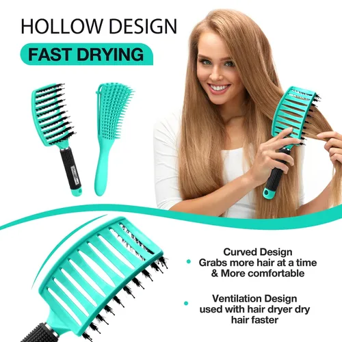 Vista 5 de Juego de 2 cepillos para el cabello, cepillos para el cabello para mujeres, hombres y niños, para cabello húmedo y seco, rizado, grueso, fino, Verde