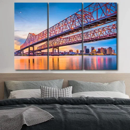Vista 3 de Imagen del río Mississippi al anochecer, pintura de paisaje urbano de Nueva Orleans, Louisiana, impresiones artísticas, decoración de pared