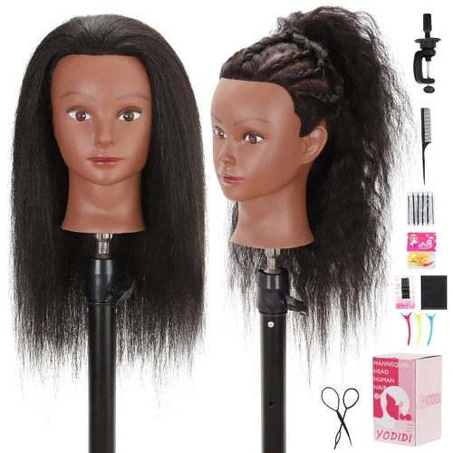 Vista 8 de YODIDI Cabeza de maniquí con cabello 100% humano, cabeza de maniquí de cabello humano, cosmetología, cabeza de muñeca para peinado, práctica