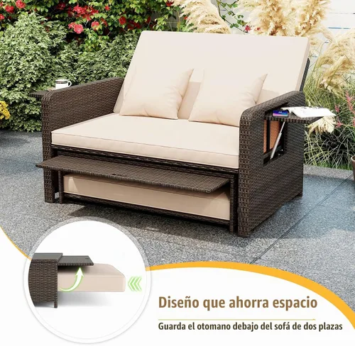 Vista 6 de LDAILY Moccha - Sofá cama para exteriores, sofá biplaza de mimbre con respaldo ajustable de 4 posiciones, otomana de almacenamiento, cojines Beige