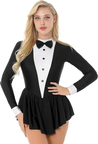 Vista 2 de FEESHOW Leotardo de esmoquin para mujer, vestido de patinaje artístico, juego de rol, disfraz de baile