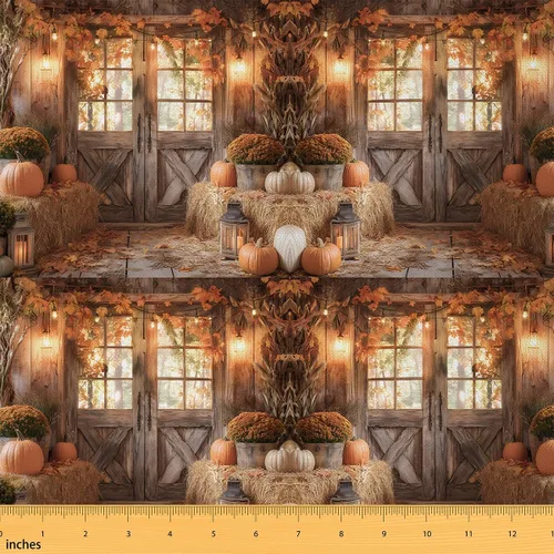 Vista 21 de The Yard - Tela con texto en inglés «Hello Fall», 36 pulgadas de largo x 59 pulgadas de ancho, hojas de árbol de calabaza otoñal, tela de tapicería