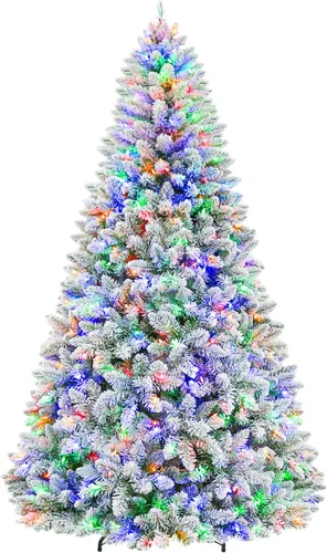 Vista 9 de Hykolity - Árbol de Navidad artificial preiluminado de 7.5 pies, con nieve artificial y 450 luces led multicolores, 10 modos, 1446 puntas de ramas