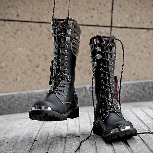 Vista 6 de Tebapi Botas de motocicleta para hombre, de cuero para mochileros, de media pantorrilla, militares, tácticas, botas de combate, con hebilla