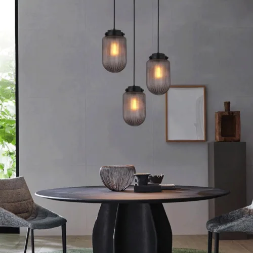 Vista 3 de 2 Pack Modern Smoke Gray Pendant Lights, Nordic Cylindrical Striped Glass Shade Ceiling Hanging Lighting, Adjustable Height E27/E26 Sockets