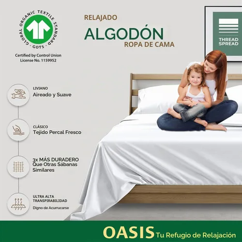 Vista 4 de THREAD SPREAD Juego de Sábanas de Algodón Orgánico 100% Paquete de 2 - Juego de Sábanas de Algodón Orgánico Tamaño Twin Tejido Percal, Suave Blanco