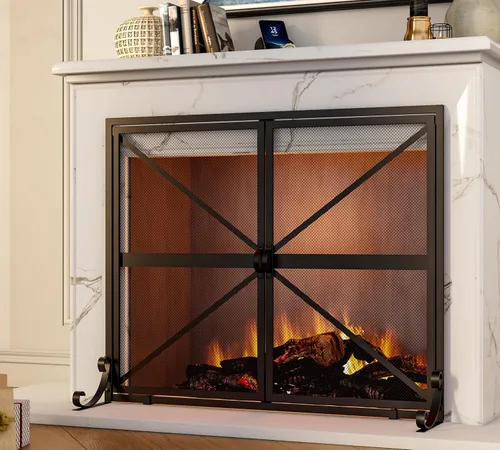 Vista 6 de Fire Beauty Pantalla de chimenea con puertas, 2 paneles hechos a mano de hierro forjado sólido malla decorativa, accesorios seguros para bebés