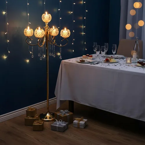 Vista 3 de Candelabro dorado para centros de mesa, 45.3 pulgadas de alto con 5 ramas con soporte de candelabro de cuentas de cristal para boda, pasillo