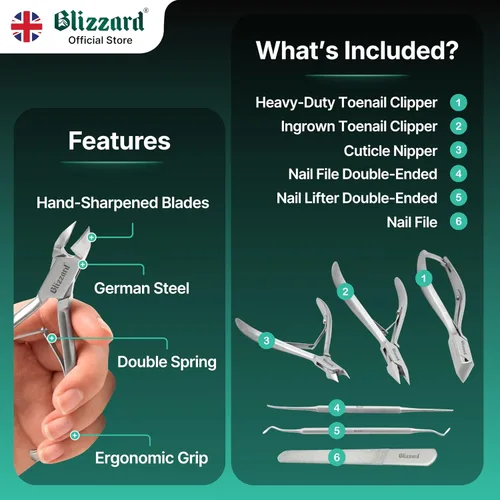 Vista 4 de Blizzard Juego de herramientas de podología – cortaúñas para uñas gruesas – 5 pinzas de uñas para podólogos para personas mayores – Cortaúñas