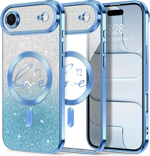 Vista 132 de Hython Funda para iPhone Air con purpurina, compatible con MagSafe Love Heart fundas magnéticas transparentes para teléfono para mujeres y niñas