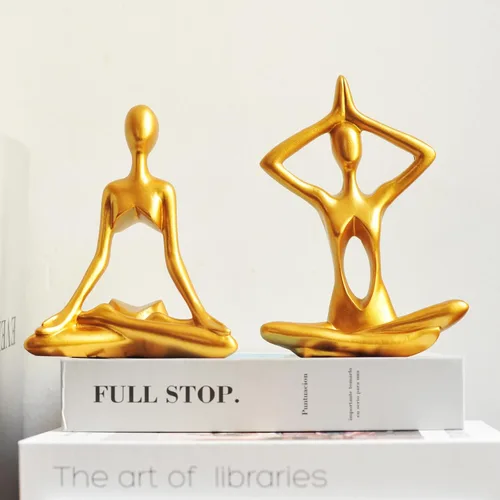 Vista 5 de Figuras doradas para decoración del hogar, 3 piezas, estatuas de yoga, estantería, decoración de estante dorado, decoración de oficina, escultura