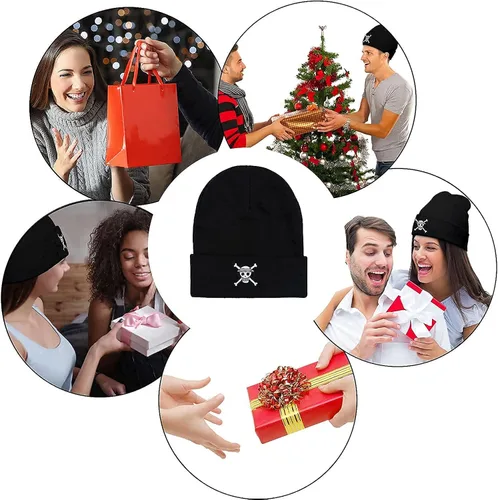 Vista 7 de Linhiian Anime Skull and Crossbones Embroidered Black Beanie Hats for Men Wome-Warm Stretchable Quackity Cuffed Beanie Hat