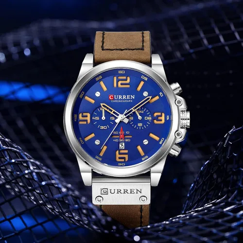 Vista 2 de Reloj de acero inoxidable con correa de cuero, estilo clásico, casual, resistente al agua, cronógrafo, fecha, y cuarzo analógico