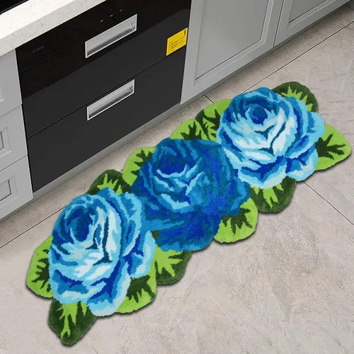 Vista 19 de Alfombrilla Abreeze con 4 rosas, alfombrillas con diseño de flores azul, hecha a mano, antideslizante (no se desliza), alfombrilla moderna, de puede