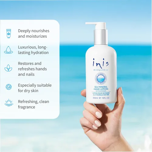 Vista 4 de Inis the Energy of the Sea - Loción de manos mineral marina para mujeres y hombres, humectante ligero para manos laterales con algas marinas