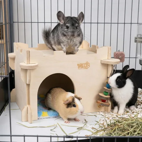 Vista 2 de Casa Castillo YKD para Chinchilla, Escondite de Animales Pequeños para Chinchilla, Conejo, Erizo o Ratón, Hábitat Ventilado de Madera para Conejo