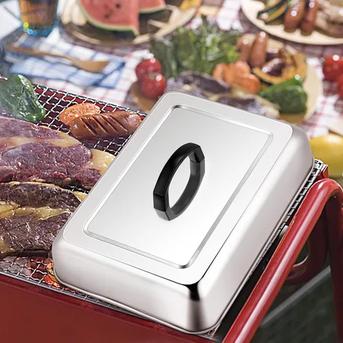 Vista 6 de Leonyo Cubierta de parrilla de 13 x 9 pulgadas para barbacoa, tapa rectangular de acero inoxidable para parrilla al aire libre, cubierta de metal